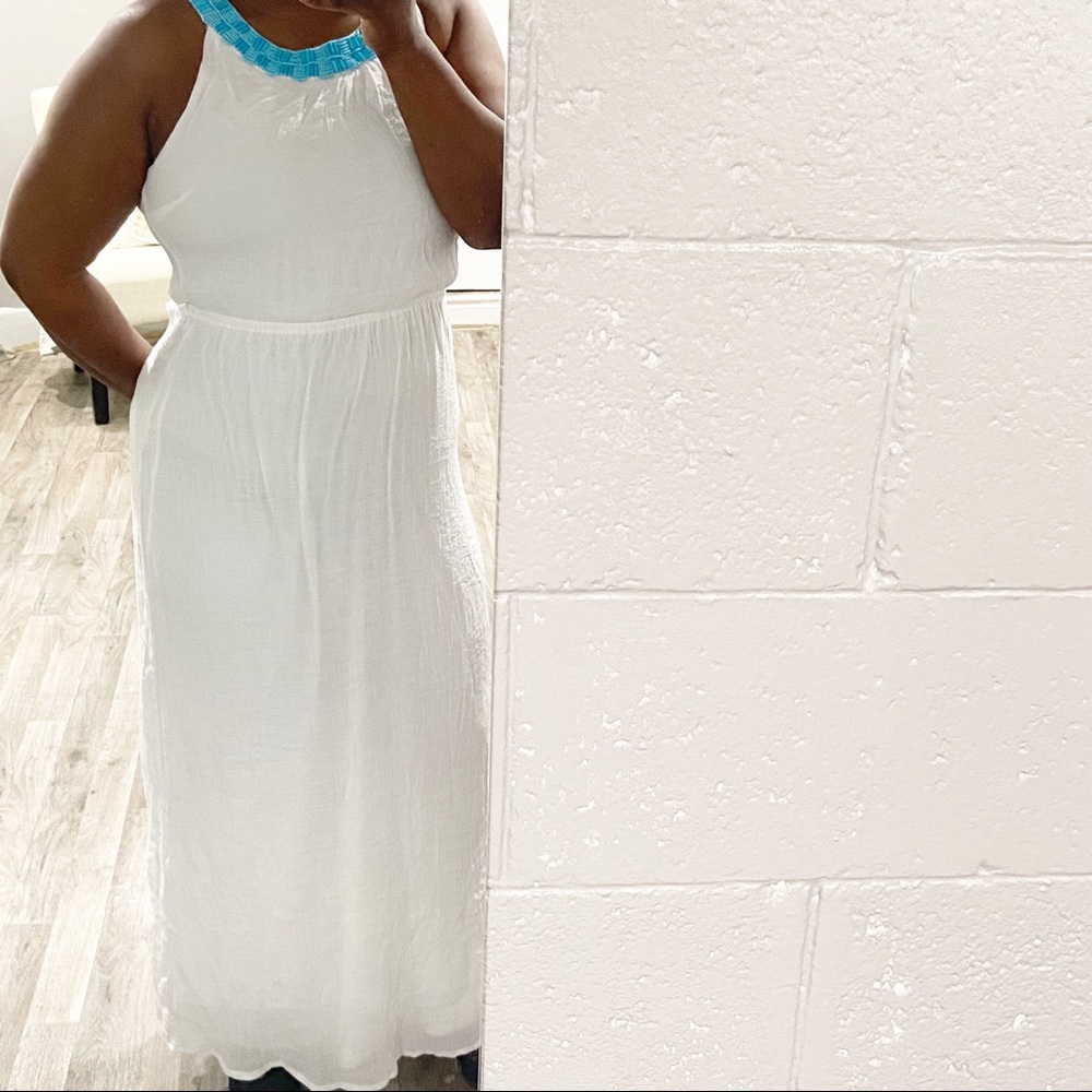 Candalite White And Blue Pullover Column Maxi Dress Turquoise Embroidery Size XL